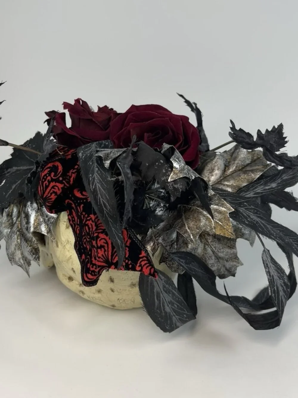 Gothic Skull Faux Floral Arrangement Centerpiece Spider Flowers Black Leaves